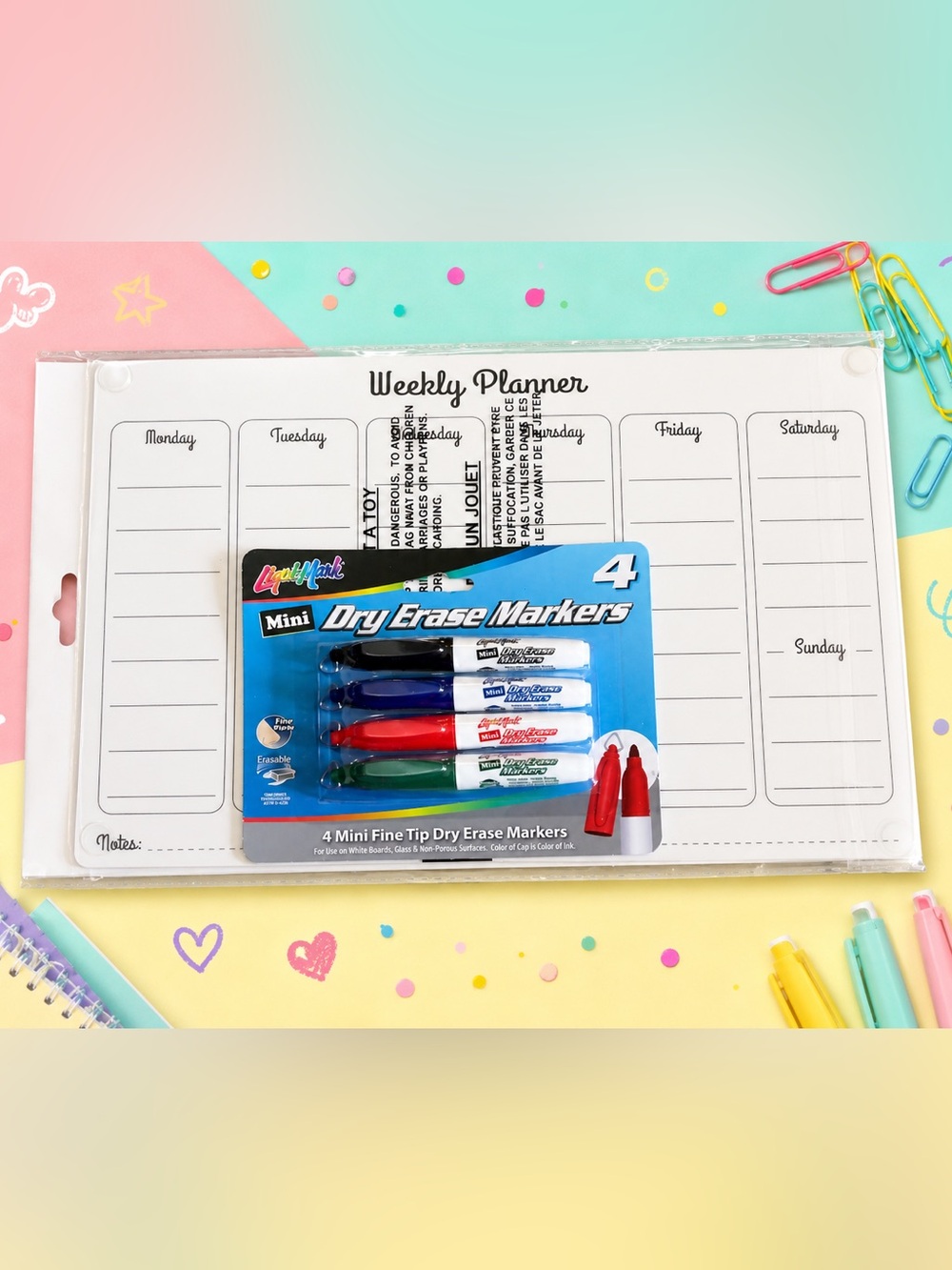 Whiteboard Planner & Mini Dry Erase Markers - 4 Pack (Black, Blue, Red, Green)